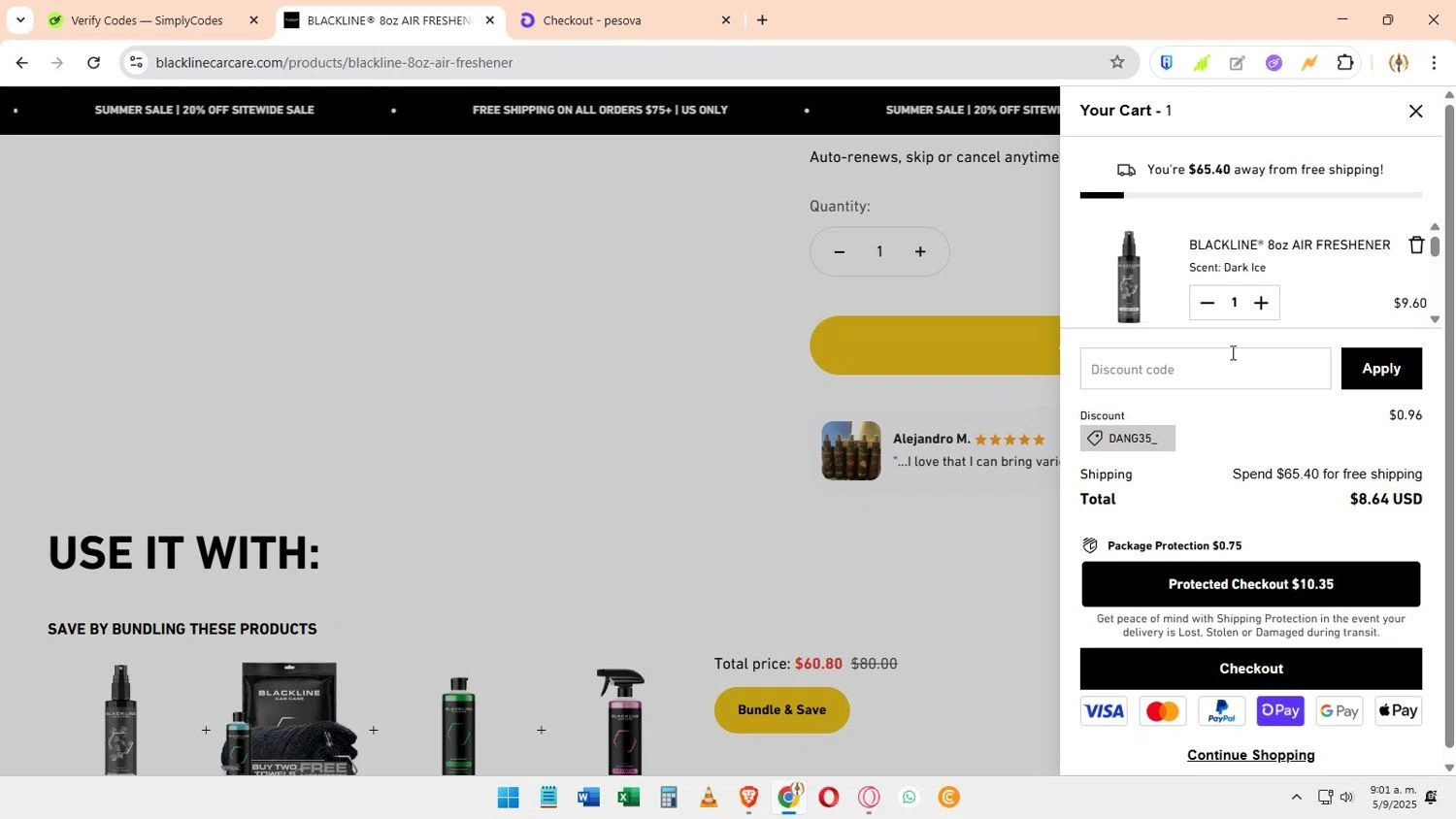 Blackline Car Care discount code screenshot showing code DANG35_ applied at Blackline Car Care checkout page. Uploaded by SimplyCodes community member Elimix on Sep 5, 2025