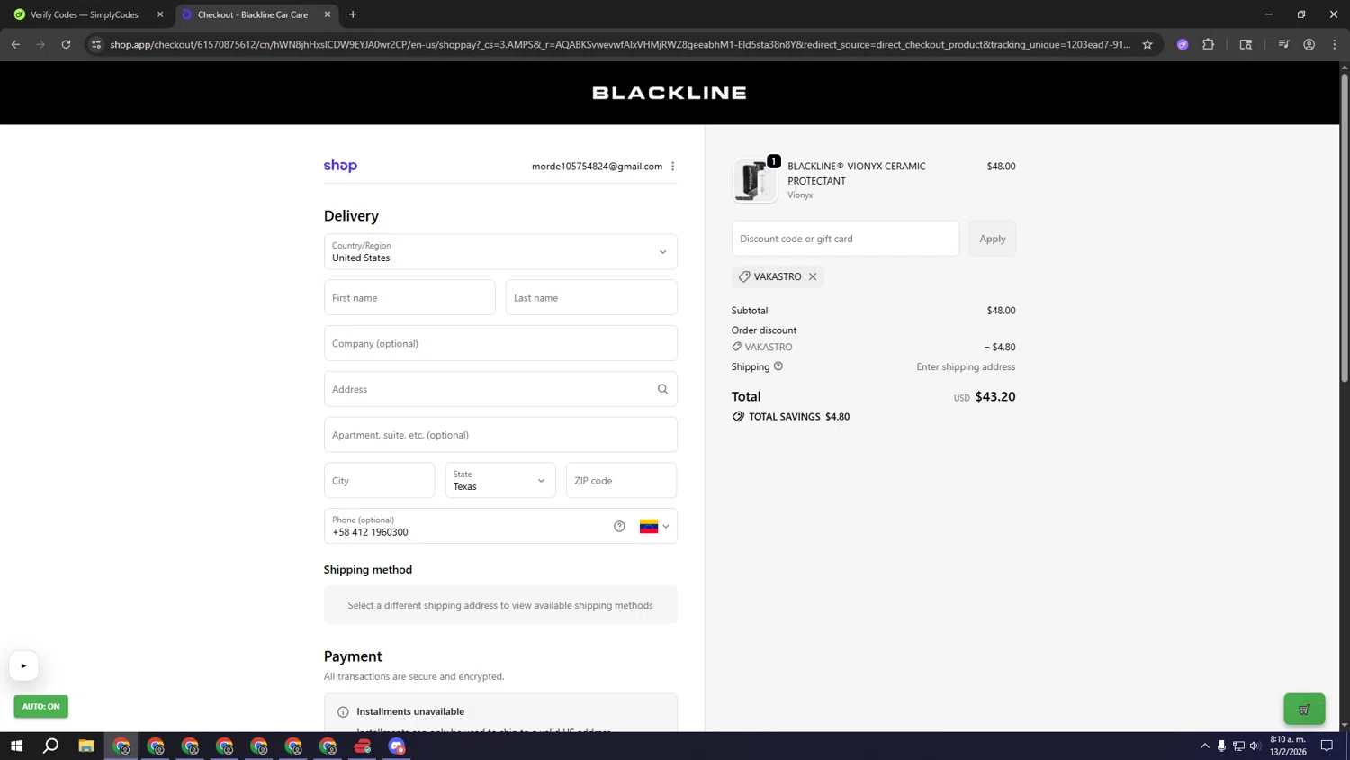 Blackline Car Care checkout page showing Blackline Car Care discount code box | Screenshot taken by SimplyCodes community member on Feb 13, 2026
