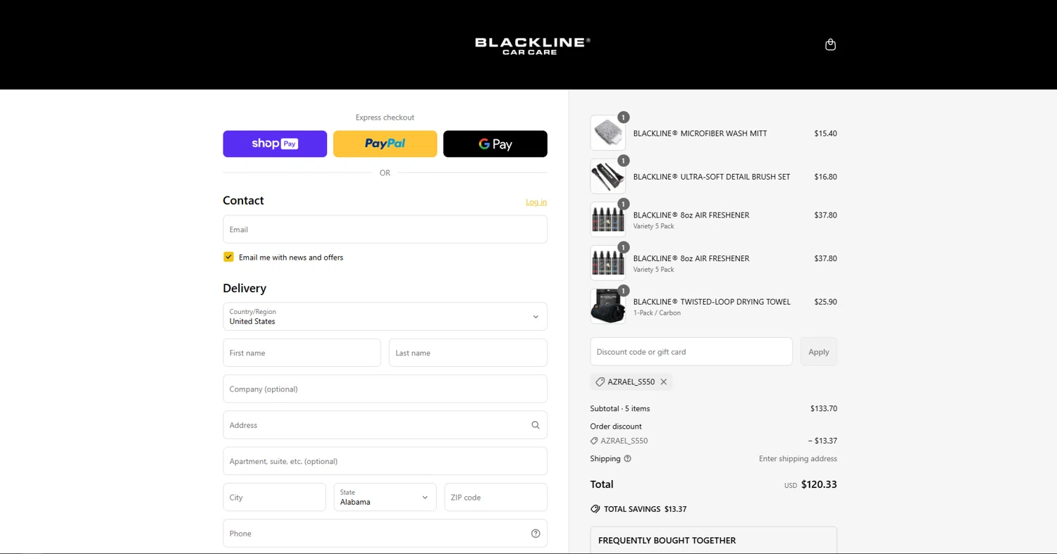Blackline Car Care discount code screenshot showing code AZRAEL_S550 applied at Blackline Car Care checkout page. Uploaded by SimplyCodes community member vctr7w7x on Jun 10, 2025