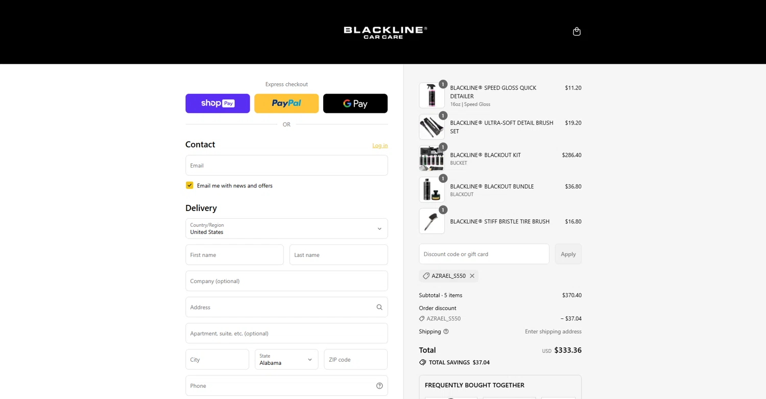 Blackline Car Care discount code screenshot showing code AZRAEL_S550 applied at Blackline Car Care checkout page. Uploaded by SimplyCodes community member vctr7w7x on Jul 30, 2025
