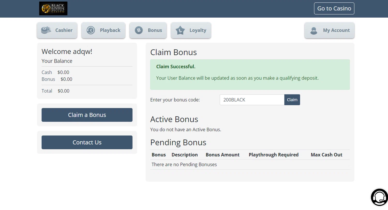 Black Lotus Casino checkout page showing Black Lotus Casino promo code box | Screenshot taken by SimplyCodes community member on Jan 6, 2024