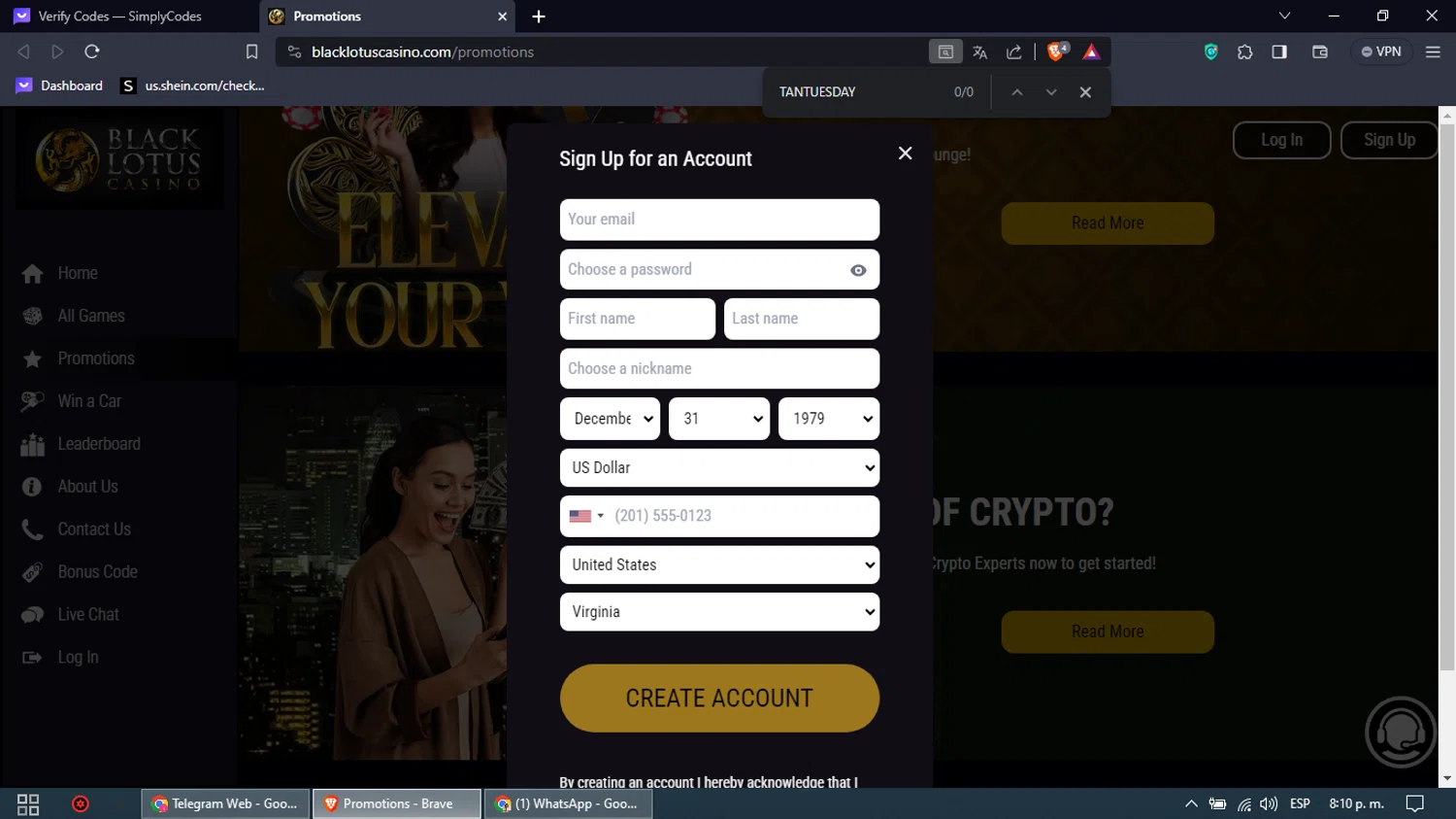 Black Lotus Casino checkout page showing Black Lotus Casino promo code box | Screenshot taken by SimplyCodes community member on Jan 22, 2024