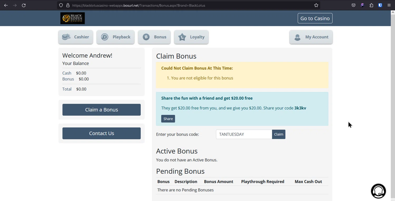 Black Lotus Casino checkout page showing Black Lotus Casino promo code box | Screenshot taken by SimplyCodes community member on Oct 31, 2023