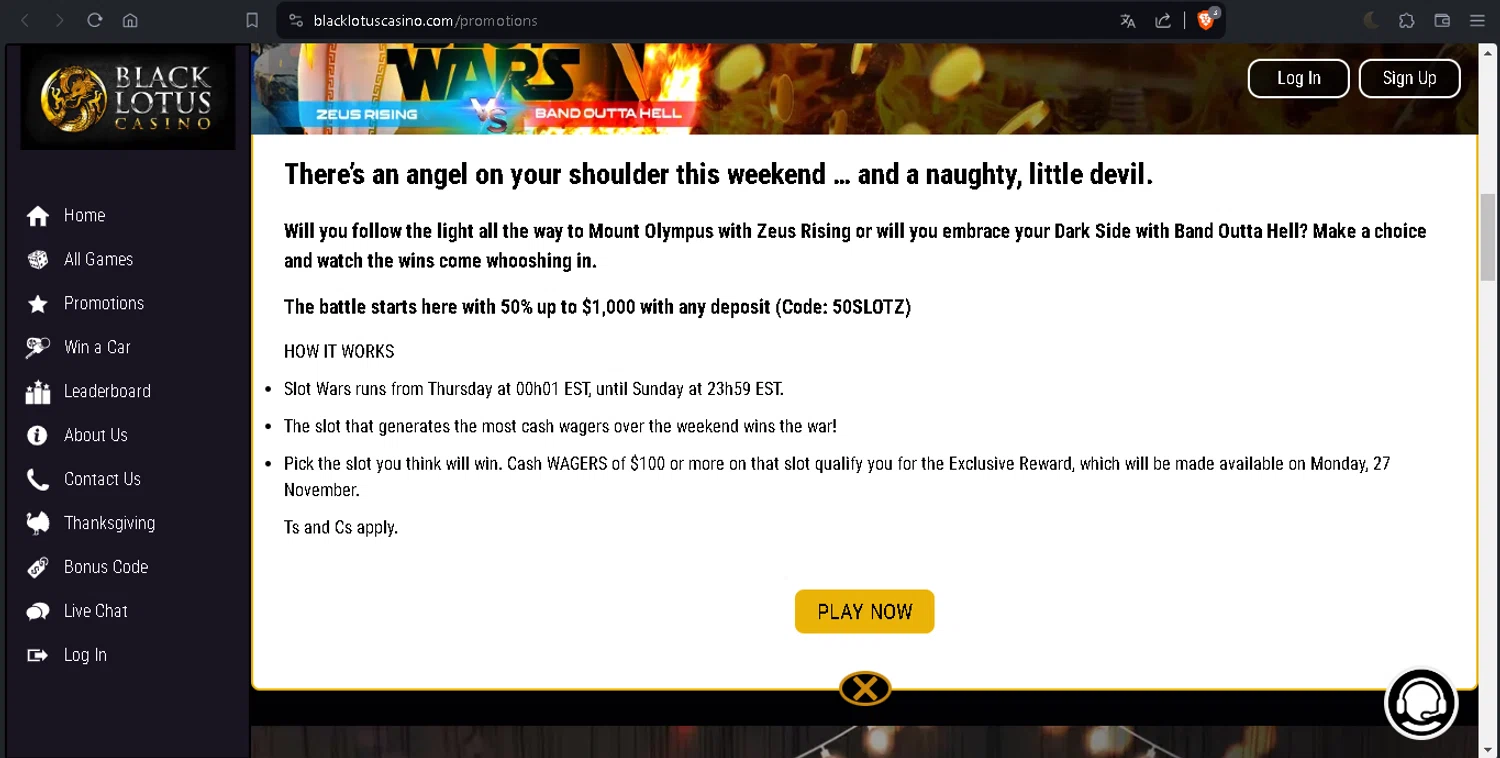 Black Lotus Casino checkout page showing Black Lotus Casino promo code box | Screenshot taken by SimplyCodes community member on Nov 23, 2023