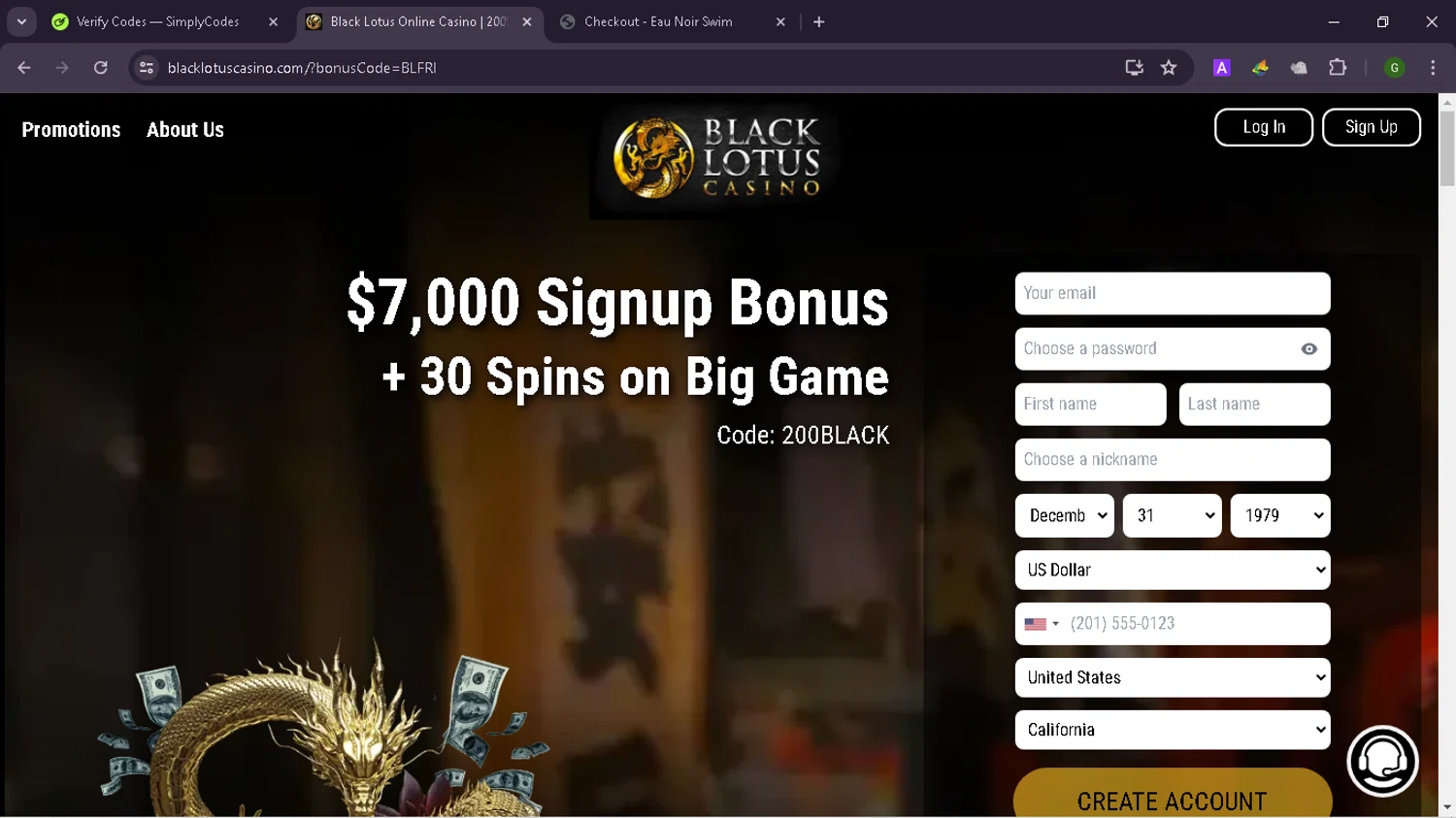 Black Lotus Casino checkout page showing Black Lotus Casino promo code box | Screenshot taken by SimplyCodes community member on Jul 12, 2024