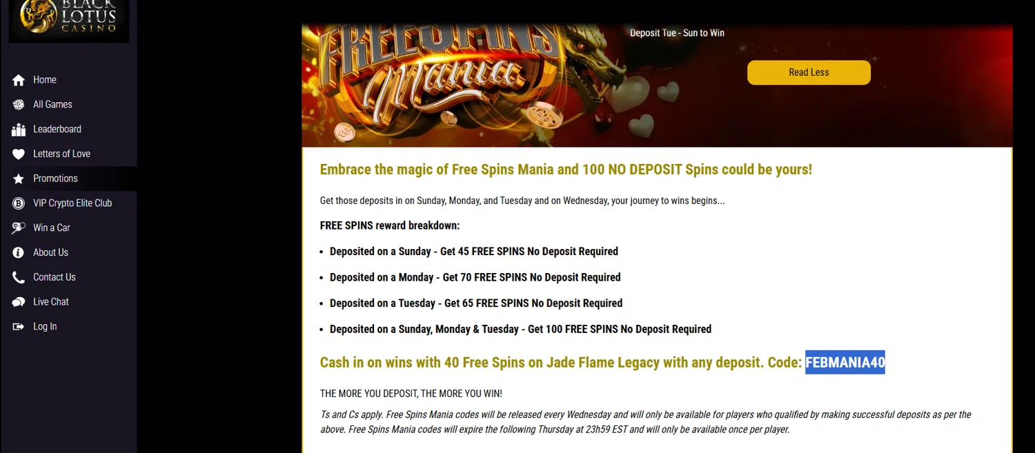 Black Lotus Casino promo code screenshot showing code FEBMANIA40 applied at Black Lotus Casino checkout page. Uploaded by SimplyCodes community member Dejadepicharme on Feb 12, 2026