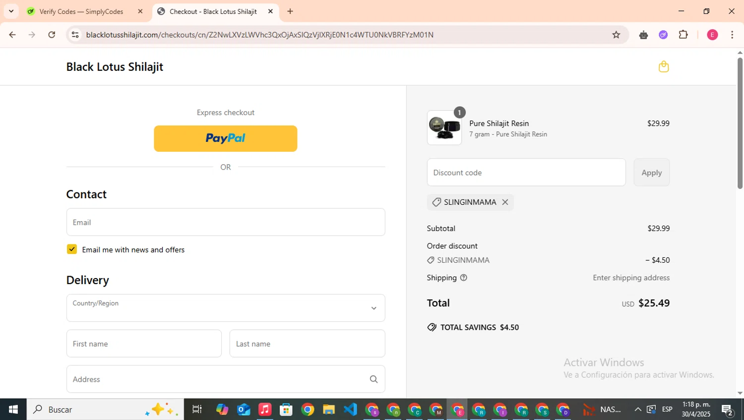 Black Lotus Shilajit discount code screenshot showing code Slinginmama applied at Black Lotus Shilajit checkout page. Uploaded by SimplyCodes community member CouponHero7312 on Apr 30, 2025