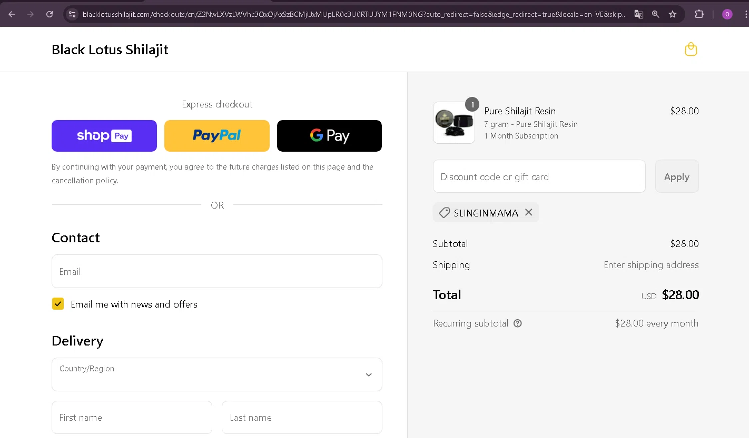 Black Lotus Shilajit discount code screenshot showing code Slinginmama applied at Black Lotus Shilajit checkout page. Uploaded by SimplyCodes community member oder007 on Jul 17, 2025
