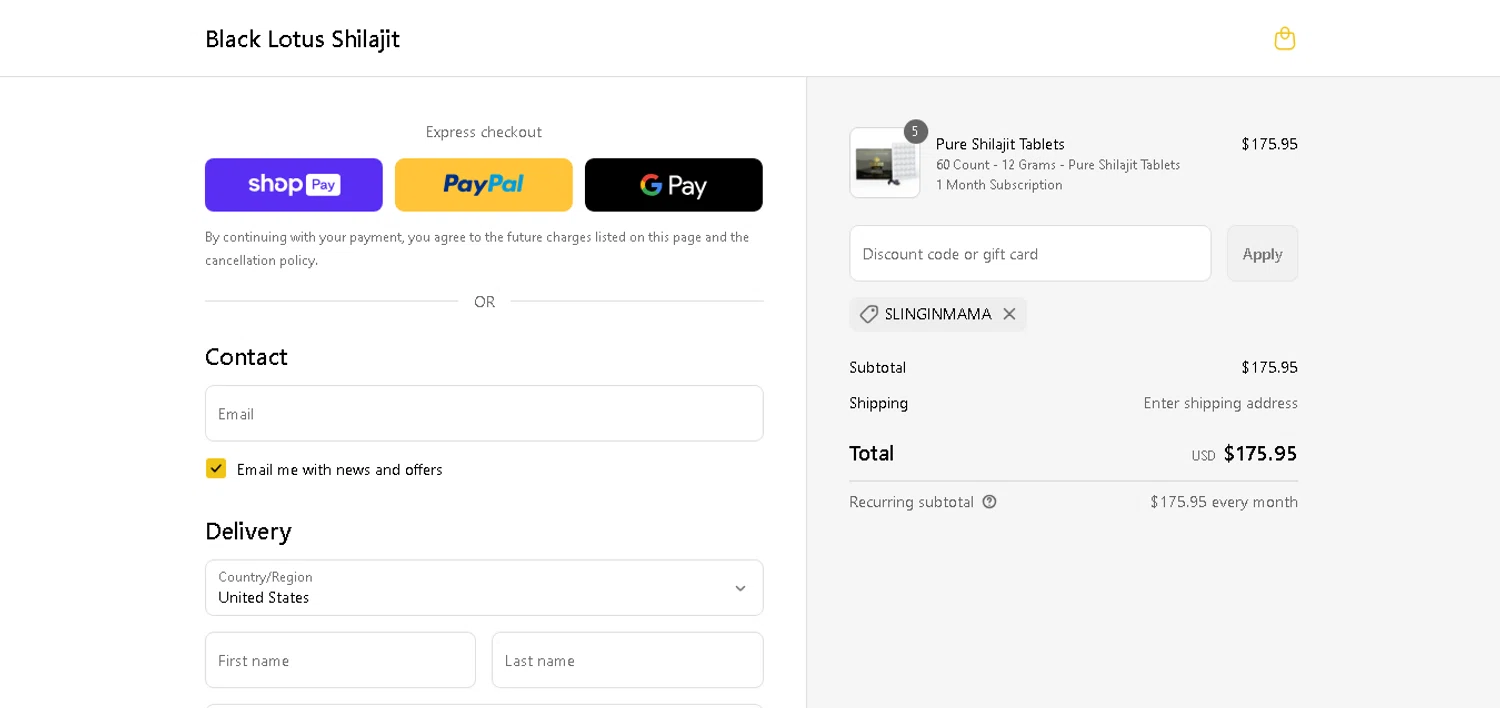 Black Lotus Shilajit discount code screenshot showing code Slinginmama applied at Black Lotus Shilajit checkout page. Uploaded by SimplyCodes community member xHRxUltrax on Jul 29, 2025