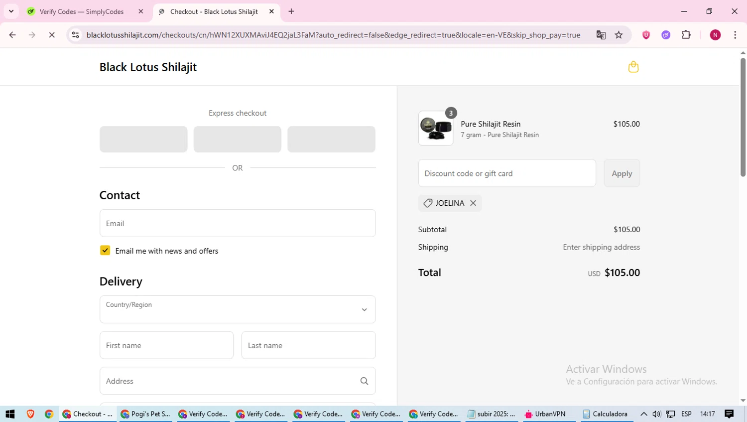 Black Lotus Shilajit discount code screenshot showing code Joelina applied at Black Lotus Shilajit checkout page. Uploaded by SimplyCodes community member CoinWizard8578 on Jul 25, 2025