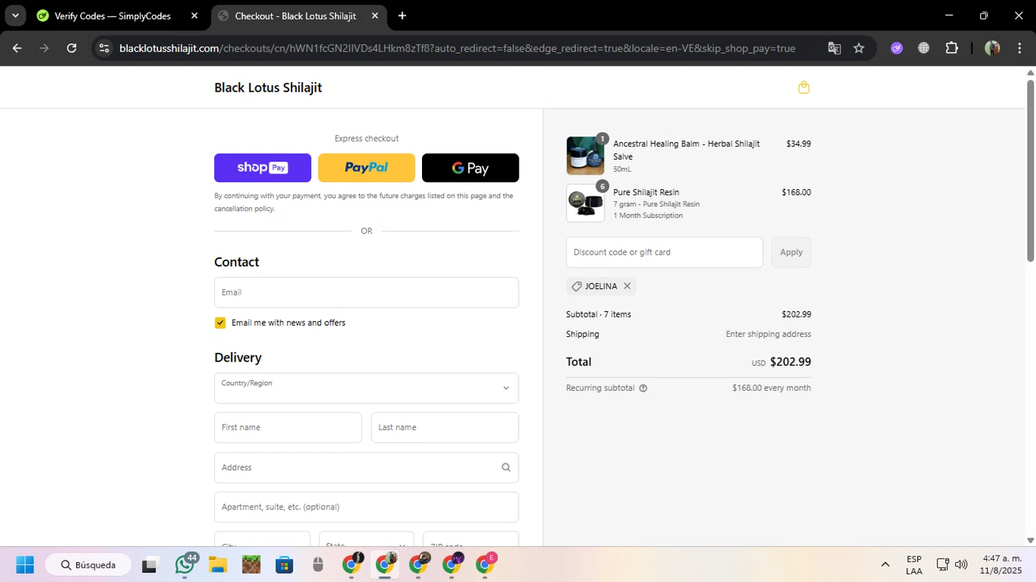 Black Lotus Shilajit discount code screenshot showing code Joelina applied at Black Lotus Shilajit checkout page. Uploaded by SimplyCodes community member MoneySentinel7597 on Aug 11, 2025