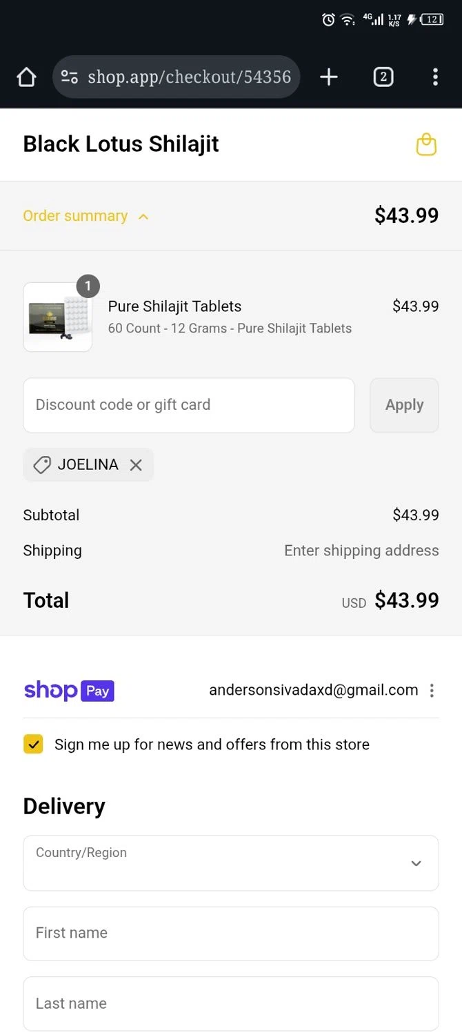 Black Lotus Shilajit discount code screenshot showing code Joelina applied at Black Lotus Shilajit checkout page. Uploaded by SimplyCodes community member Xx_Cogeburras3000_xX on Jul 25, 2025