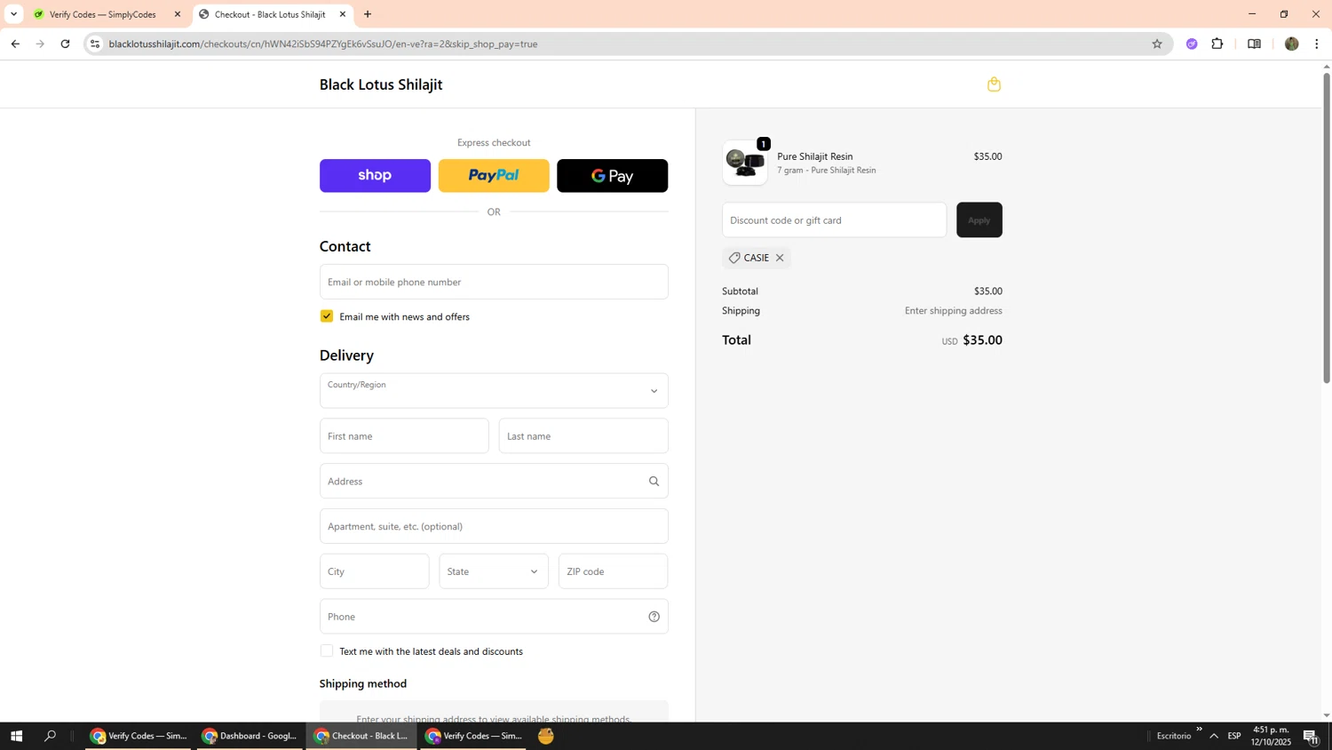Black Lotus Shilajit discount code screenshot showing code CASIE applied at Black Lotus Shilajit checkout page. Uploaded by SimplyCodes community member Phoenix585 on Oct 12, 2025