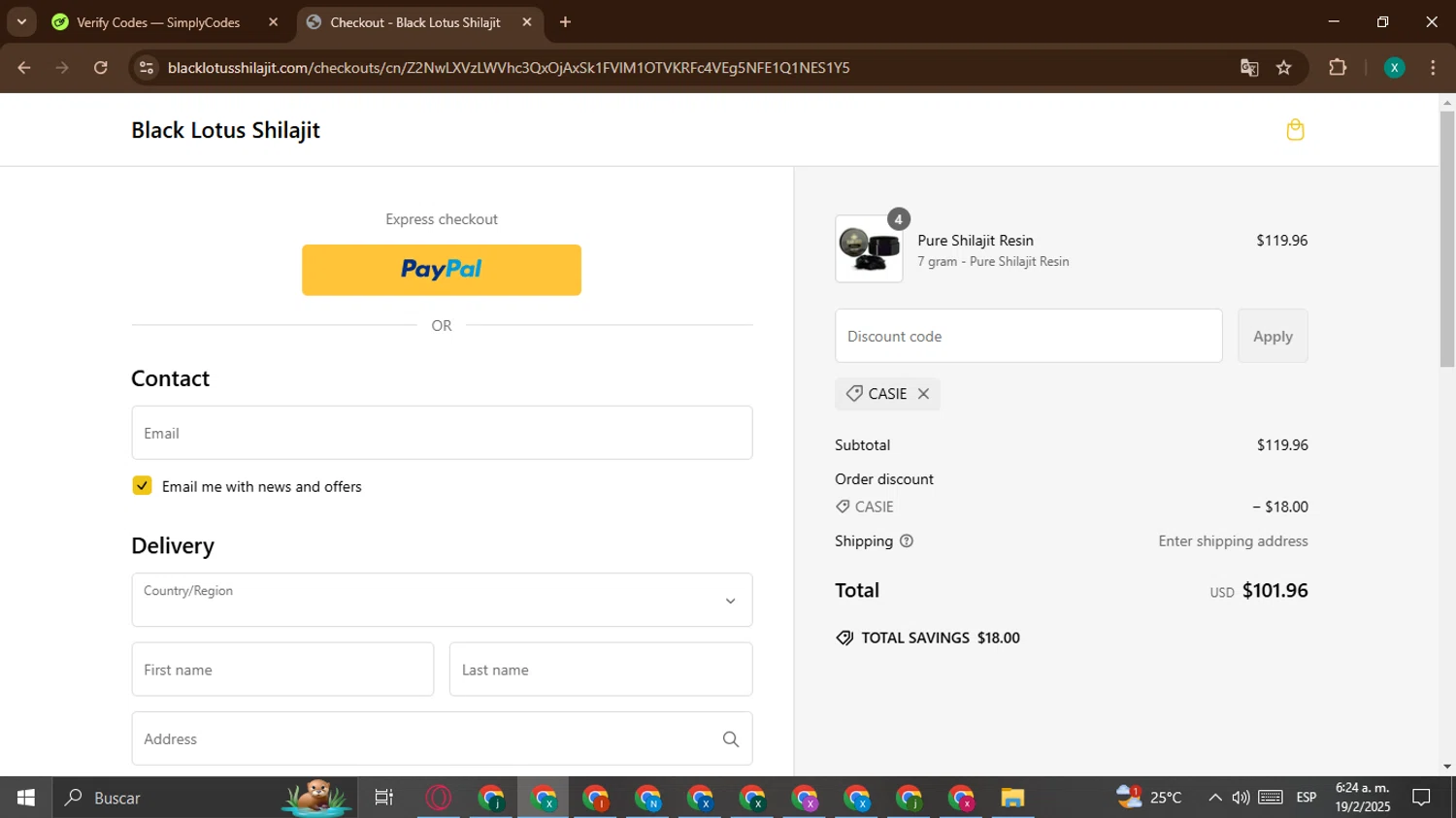 Black Lotus Shilajit discount code screenshot showing code CASIE applied at Black Lotus Shilajit checkout page. Uploaded by SimplyCodes community member BonusWarden6019 on Feb 19, 2025