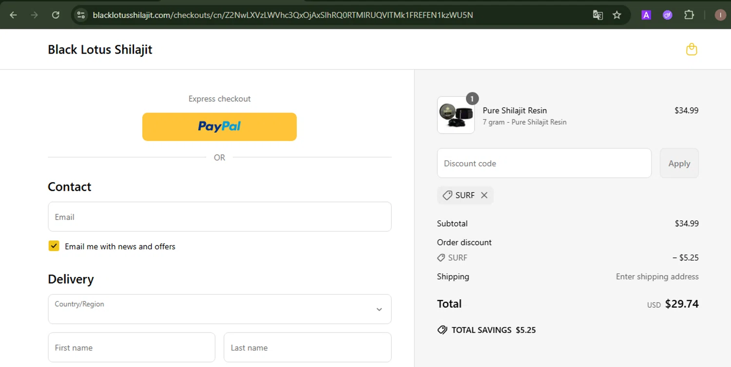 Black Lotus Shilajit discount code screenshot showing code Surf applied at Black Lotus Shilajit checkout page. Uploaded by SimplyCodes community member EpicKnight6740 on Jun 14, 2025
