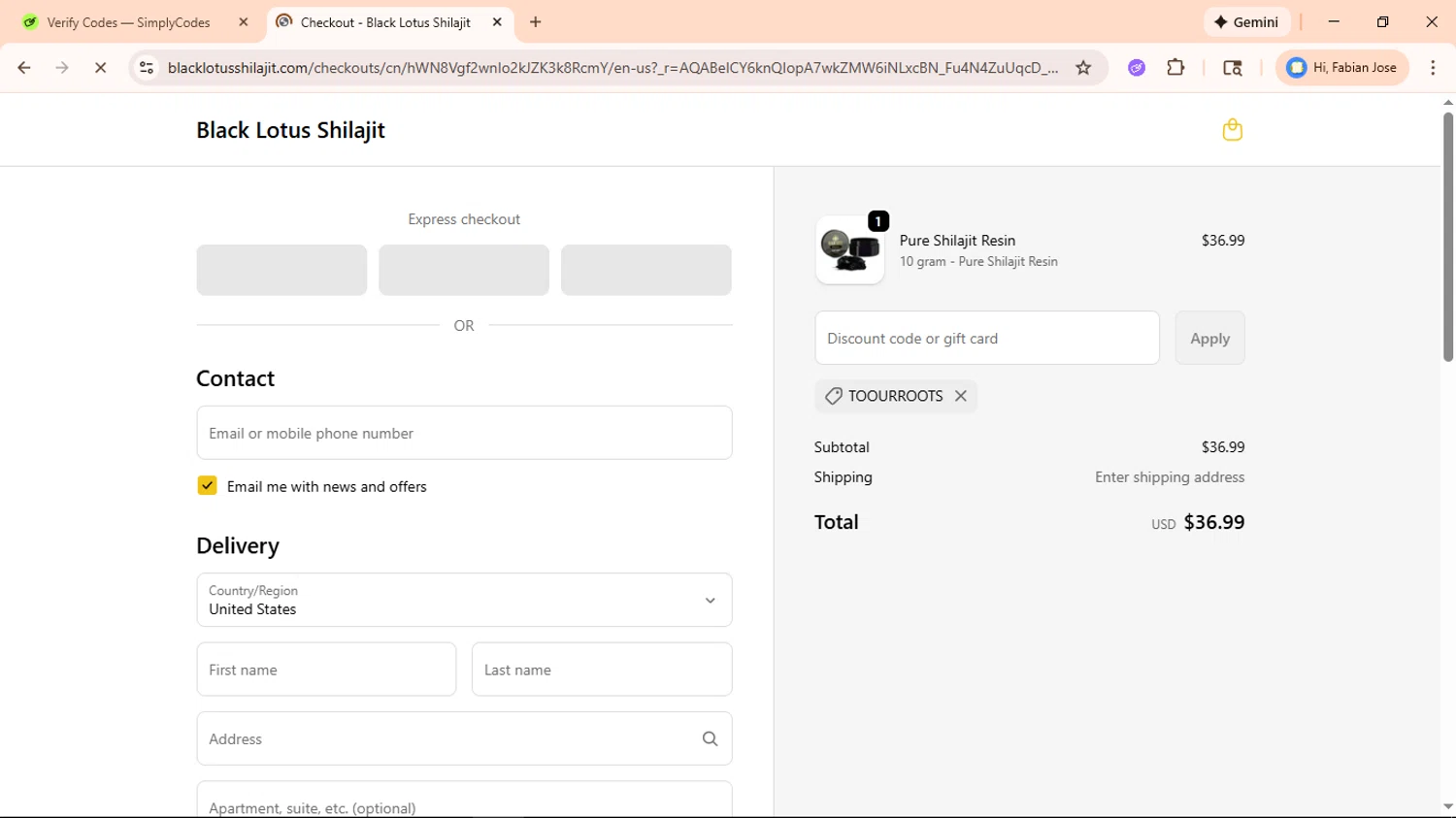 Black Lotus Shilajit checkout page showing Black Lotus Shilajit discount code box | Screenshot taken by SimplyCodes community member on Feb 7, 2026