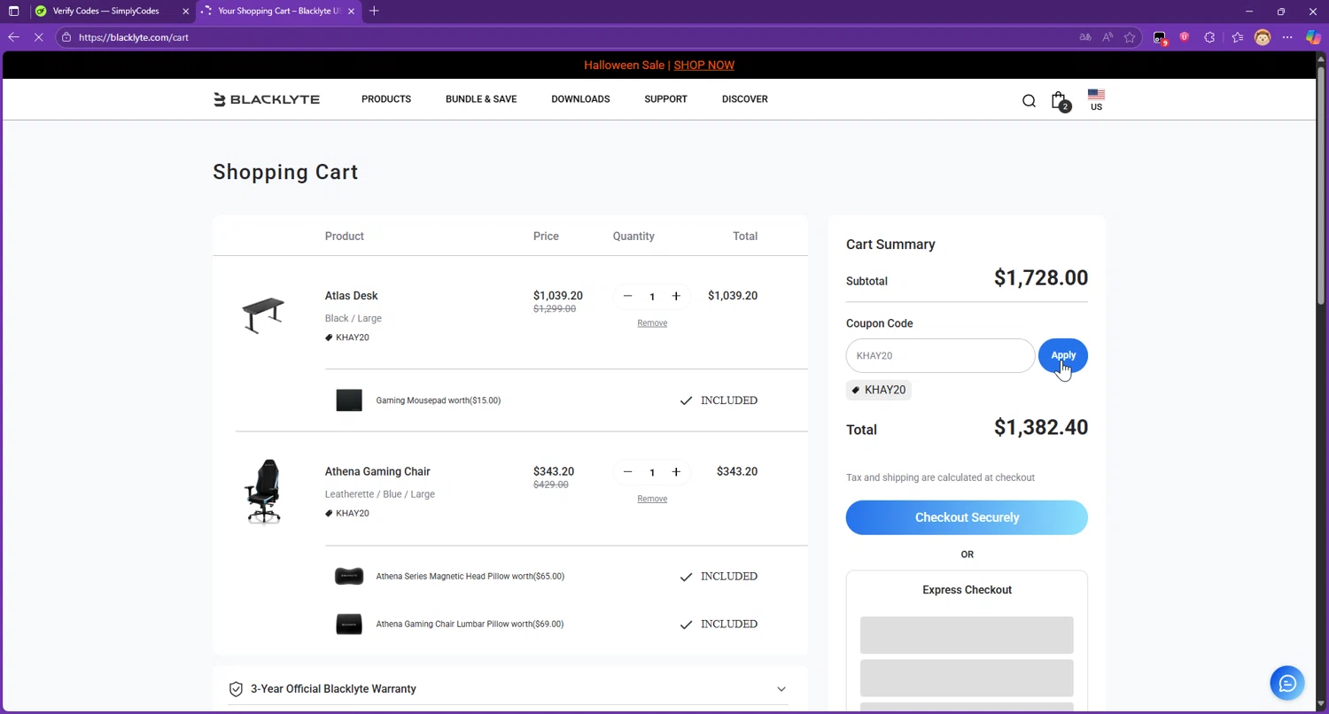 Blacklyte US promo code screenshot showing code KHAY20 applied at Blacklyte US checkout page. Uploaded by SimplyCodes community member Raibelys_18 on Oct 6, 2025