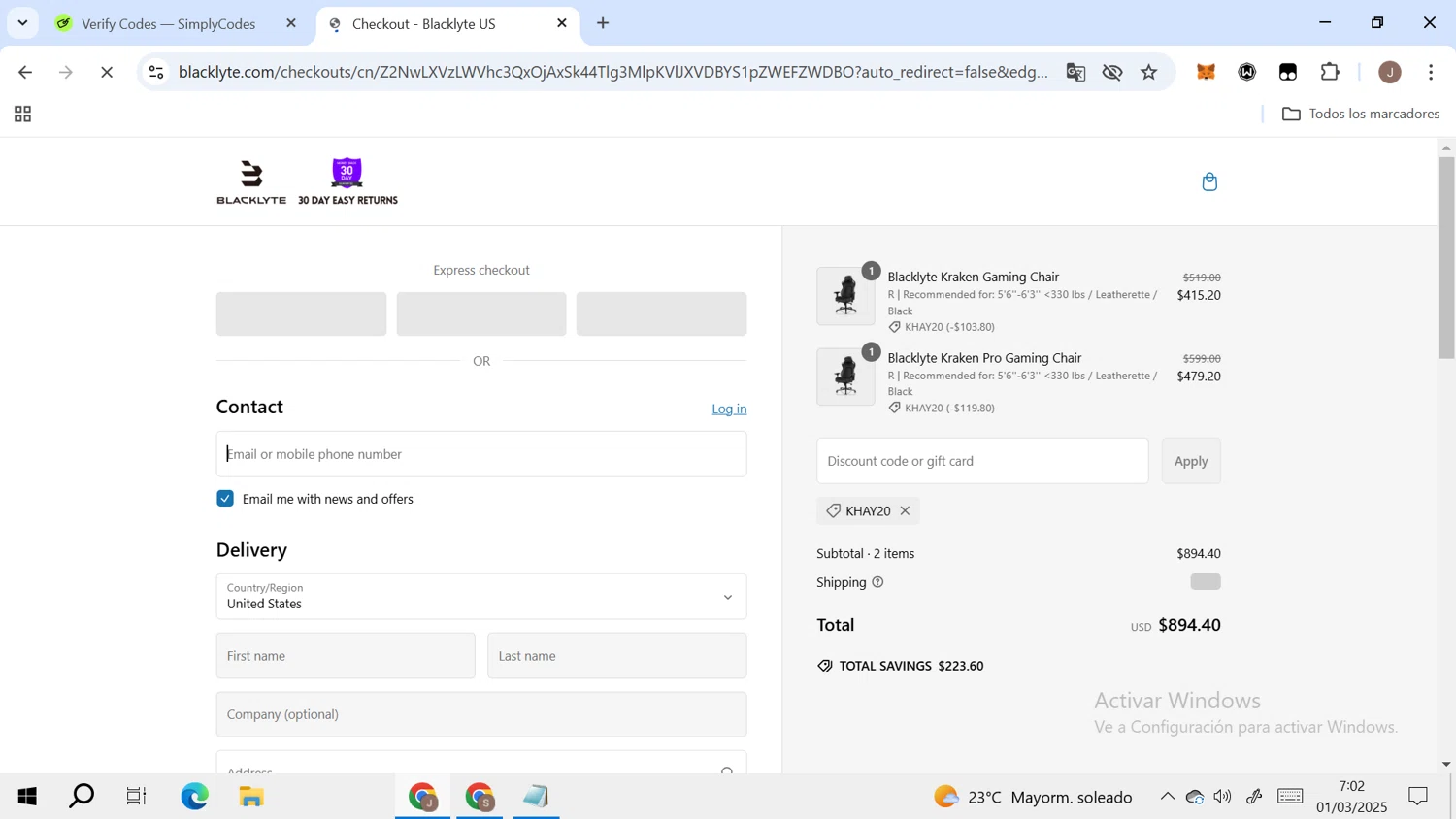 Blacklyte US promo code screenshot showing code KHAY20 applied at Blacklyte US checkout page. Uploaded by SimplyCodes community member RoyalAdmiral4824 on Mar 1, 2025