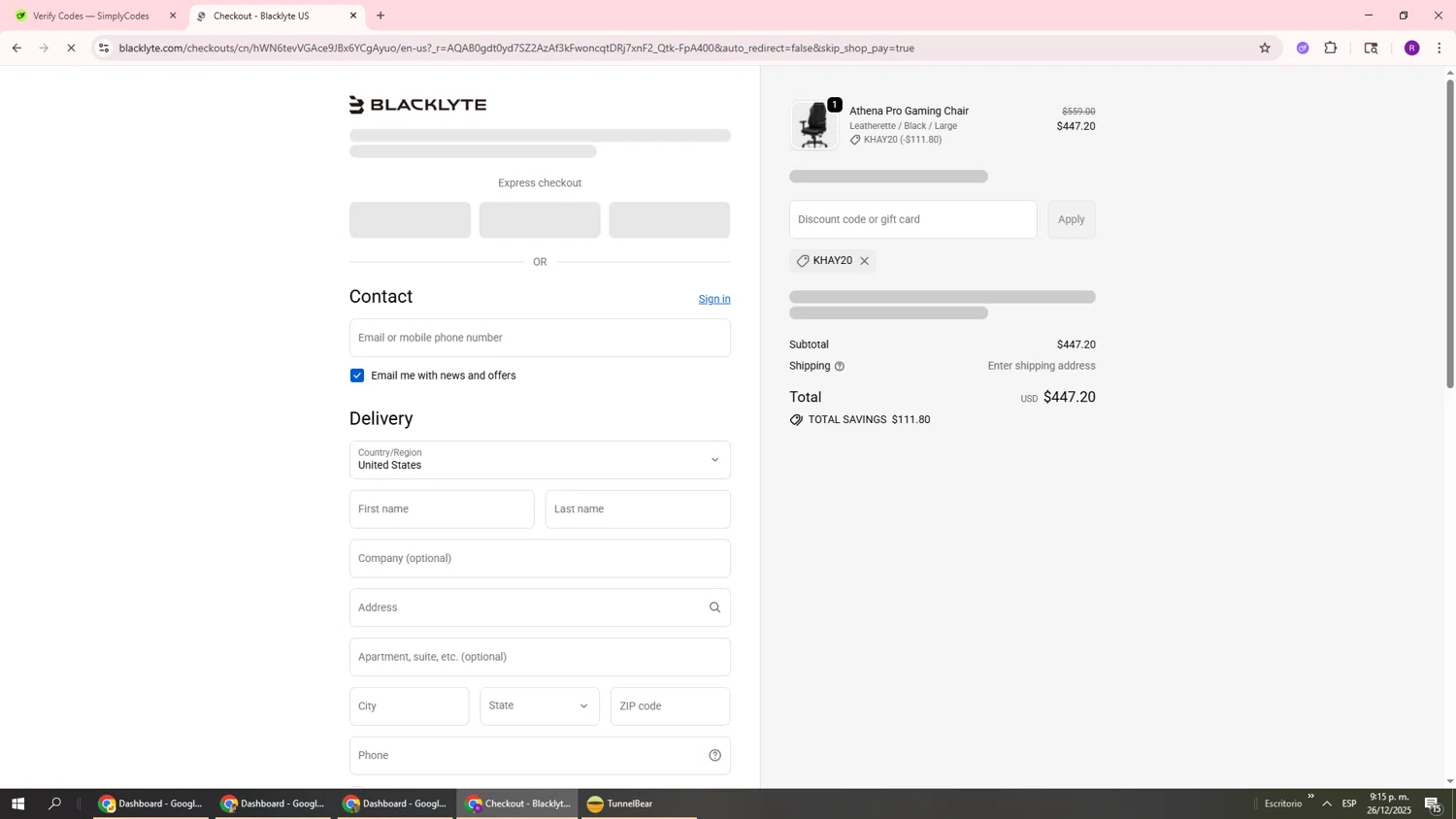 Blacklyte US promo code screenshot showing code KHAY20 applied at Blacklyte US checkout page. Uploaded by SimplyCodes community member ukemochi on Dec 27, 2025