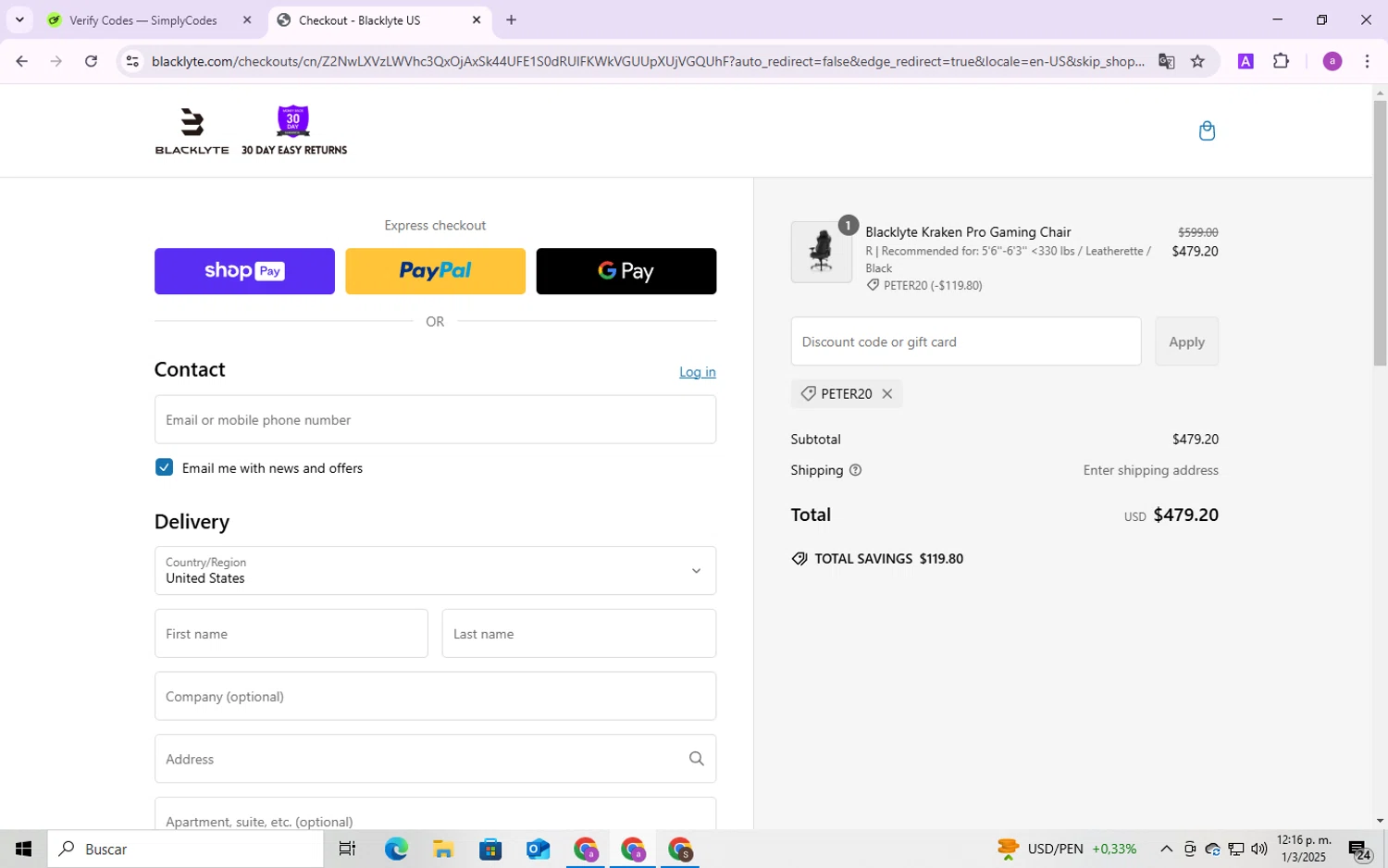 Blacklyte US promo code screenshot showing code PETER20 applied at Blacklyte US checkout page. Uploaded by SimplyCodes community member CodeMaverick246 on Mar 1, 2025