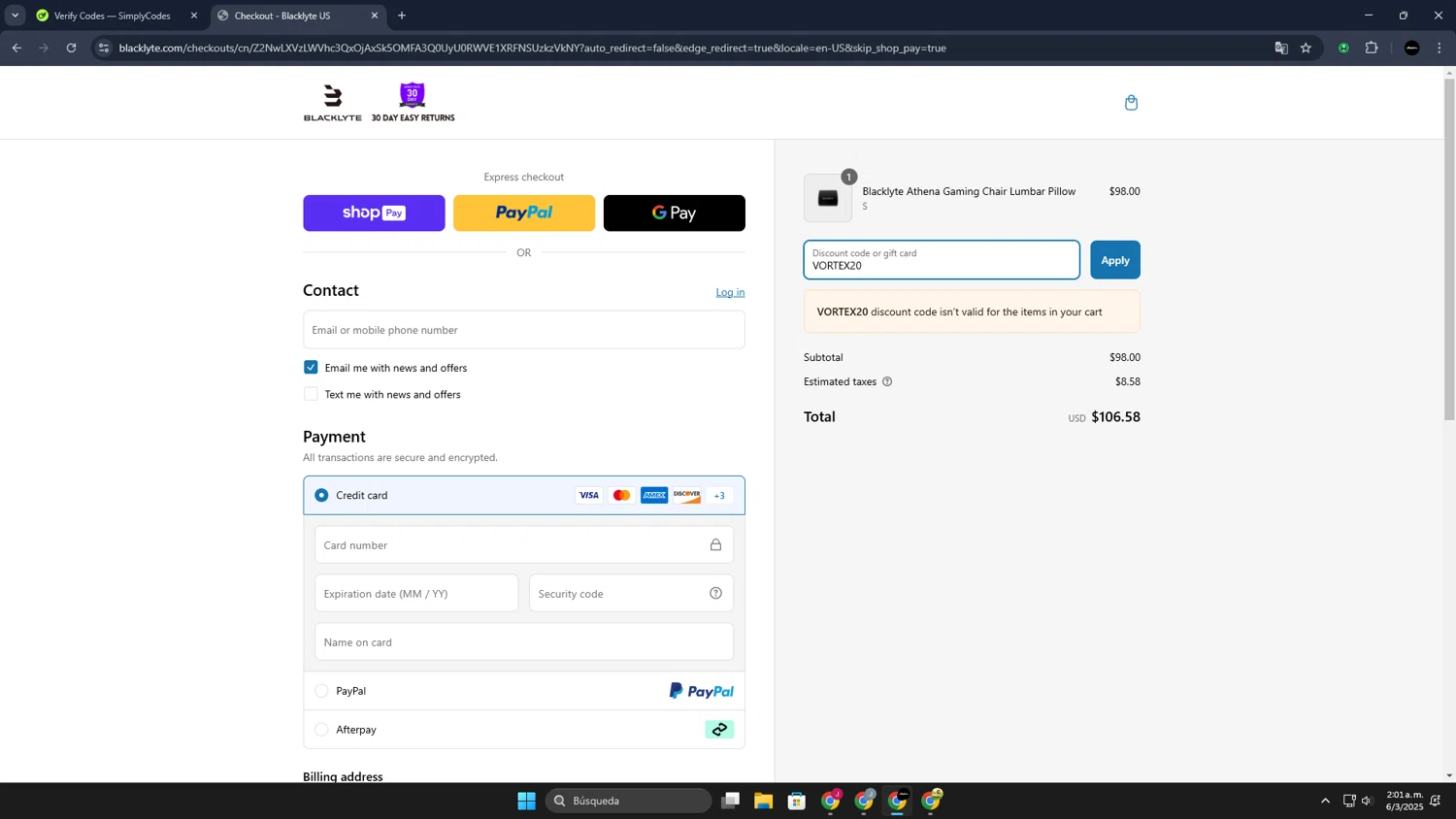 Blacklyte US promo code screenshot showing code VORTEX20 applied at Blacklyte US checkout page. Uploaded by SimplyCodes community member JoseLocoHugo on Mar 6, 2025