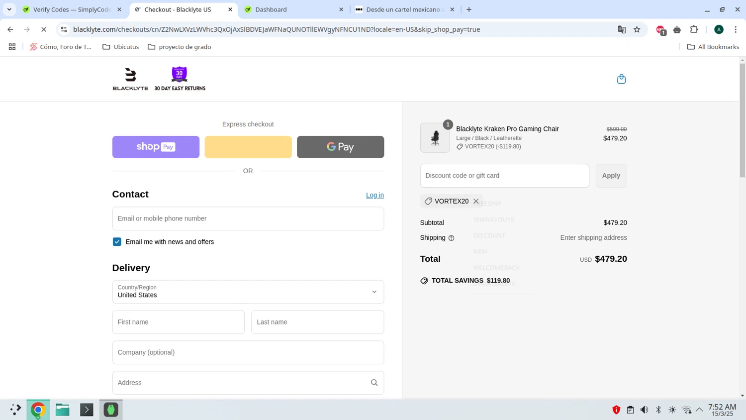 Blacklyte US promo code screenshot showing code VORTEX20 applied at Blacklyte US checkout page. Uploaded by SimplyCodes community member admeneses on Mar 15, 2025