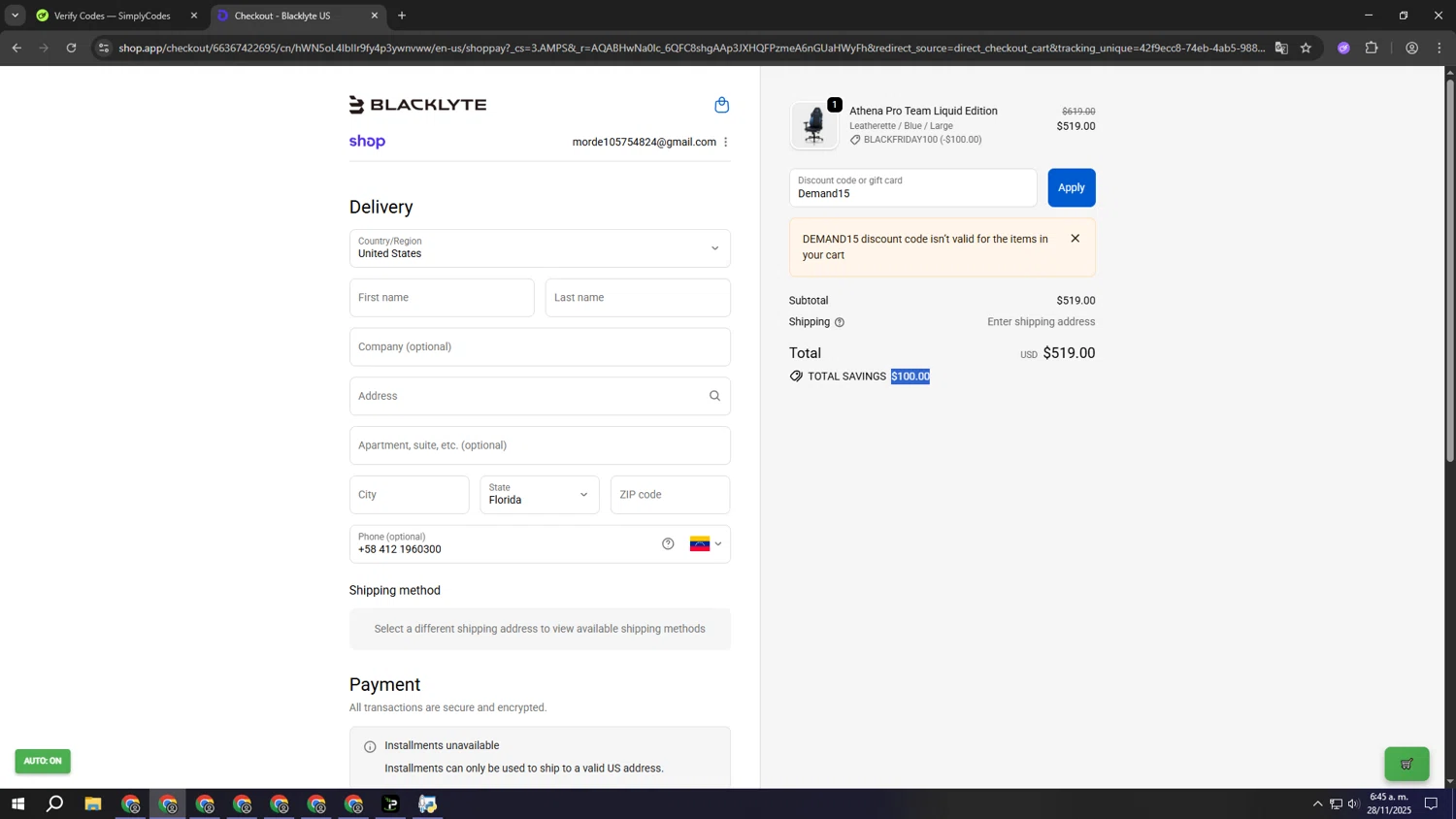 Blacklyte US promo code screenshot showing code Demand15 applied at Blacklyte US checkout page. Uploaded by SimplyCodes community member ooooooooooooooooooo on Nov 28, 2025