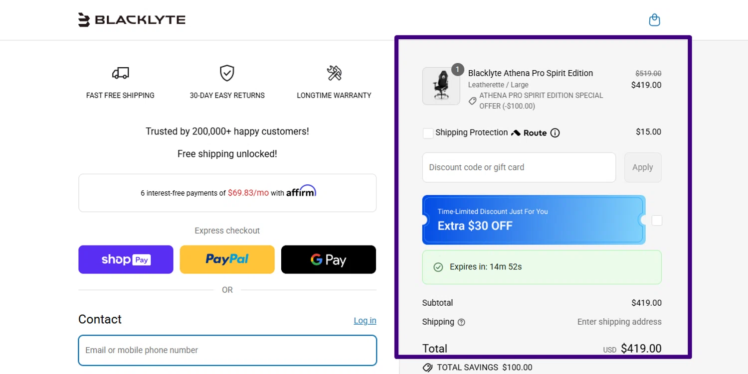 Blacklyte US promo code screenshot showing code Demand15 applied at Blacklyte US checkout page. Uploaded by SimplyCodes community member Swiftdealz on Jul 29, 2025