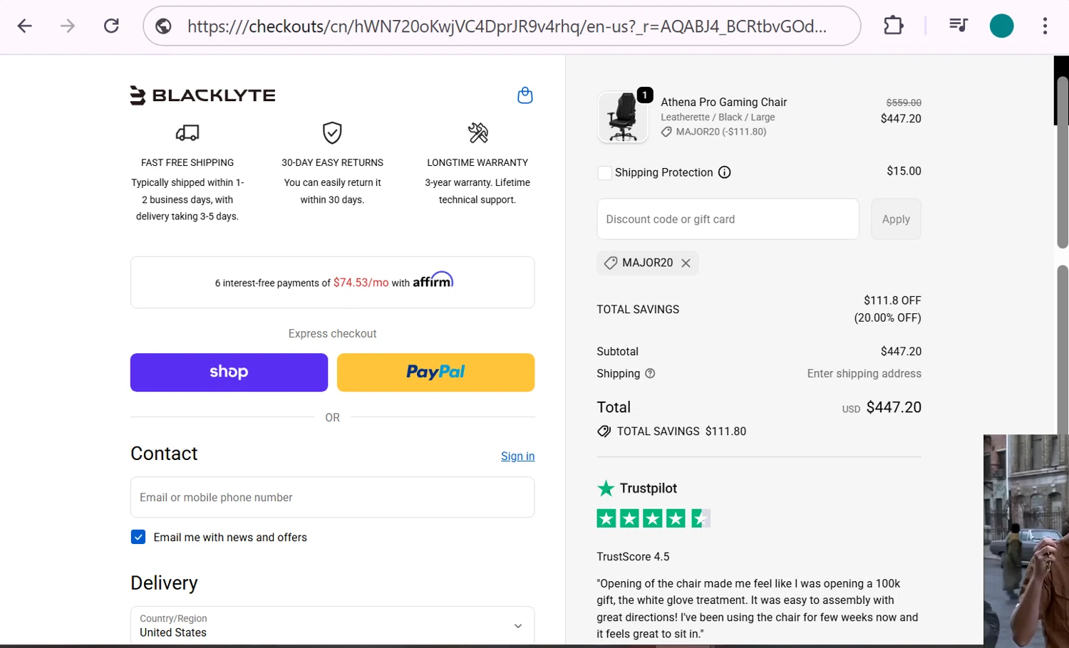 Blacklyte US promo code screenshot showing code MAJOR20 applied at Blacklyte US checkout page. Uploaded by SimplyCodes community member anosesmith on Jan 7, 2026