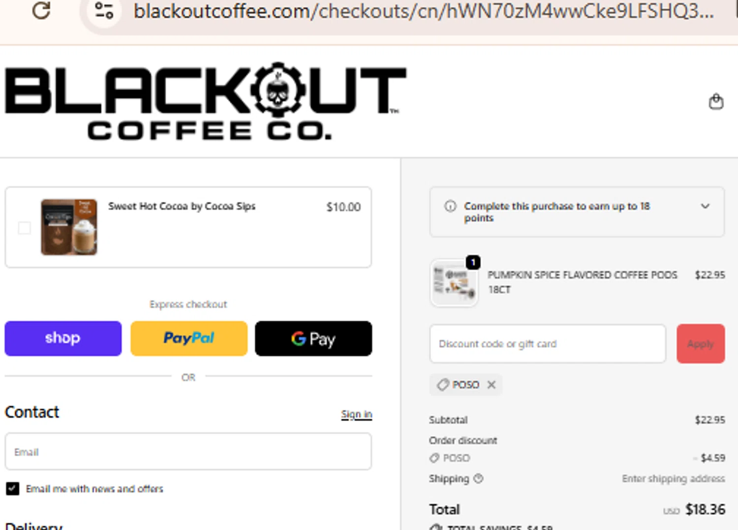 Blackout Coffee Co. promo code screenshot showing code POSO applied at Blackout Coffee Co. checkout page. Uploaded by SimplyCodes community member BudgetLion5814 on Dec 30, 2025