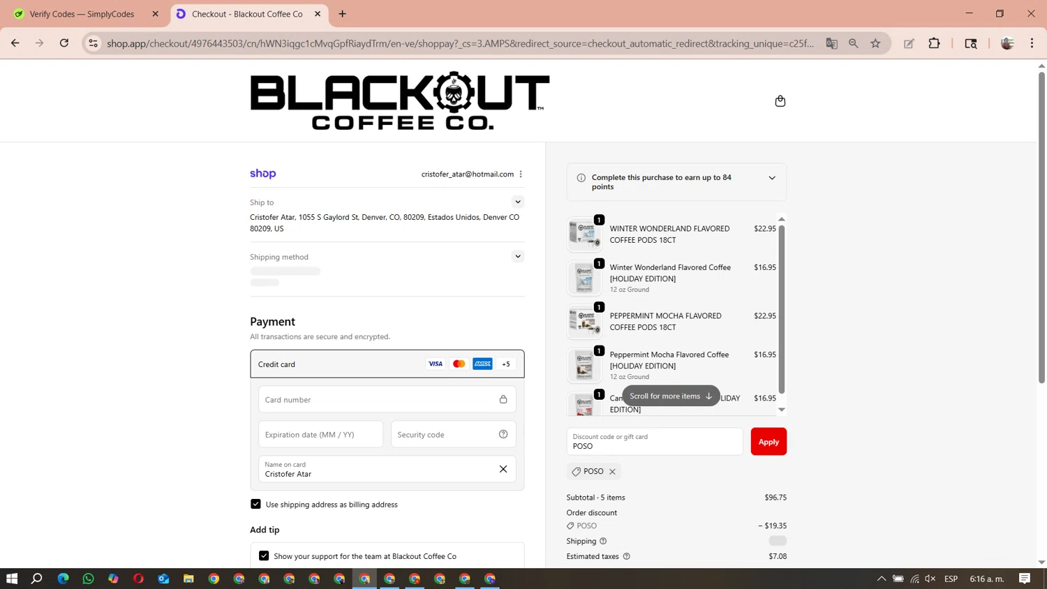 Blackout Coffee Co. promo code screenshot showing code POSO applied at Blackout Coffee Co. checkout page. Uploaded by SimplyCodes community member MariAPB on Oct 4, 2025