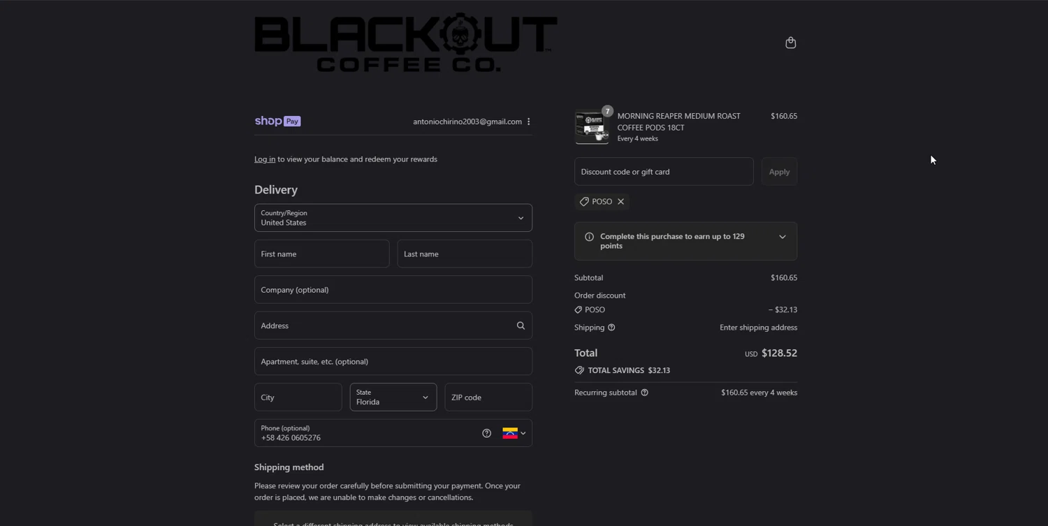 Blackout Coffee Co. promo code screenshot showing code POSO applied at Blackout Coffee Co. checkout page. Uploaded by SimplyCodes community member johnnybravo on Aug 10, 2025