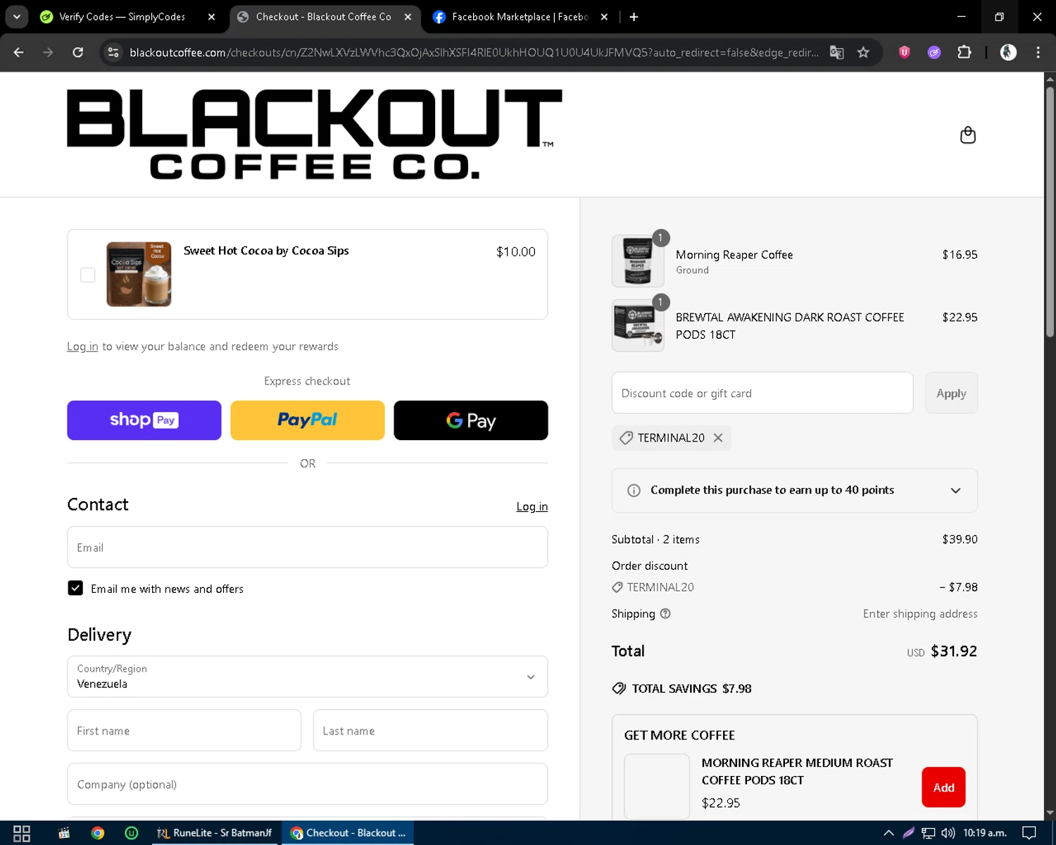 Blackout Coffee Co. promo code screenshot showing code TERMINAL20 applied at Blackout Coffee Co. checkout page. Uploaded by SimplyCodes community member CleverSentinel9441 on Jun 16, 2025