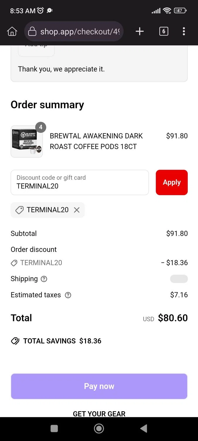 Blackout Coffee Co. promo code screenshot showing code TERMINAL20 applied at Blackout Coffee Co. checkout page. Uploaded by SimplyCodes community member CrownLion2750 on May 31, 2025