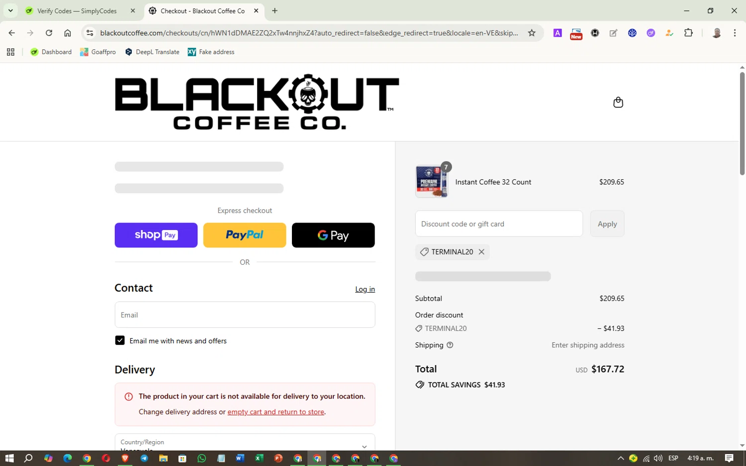 Blackout Coffee Co. promo code screenshot showing code TERMINAL20 applied at Blackout Coffee Co. checkout page. Uploaded by SimplyCodes community member Washington on Aug 10, 2025