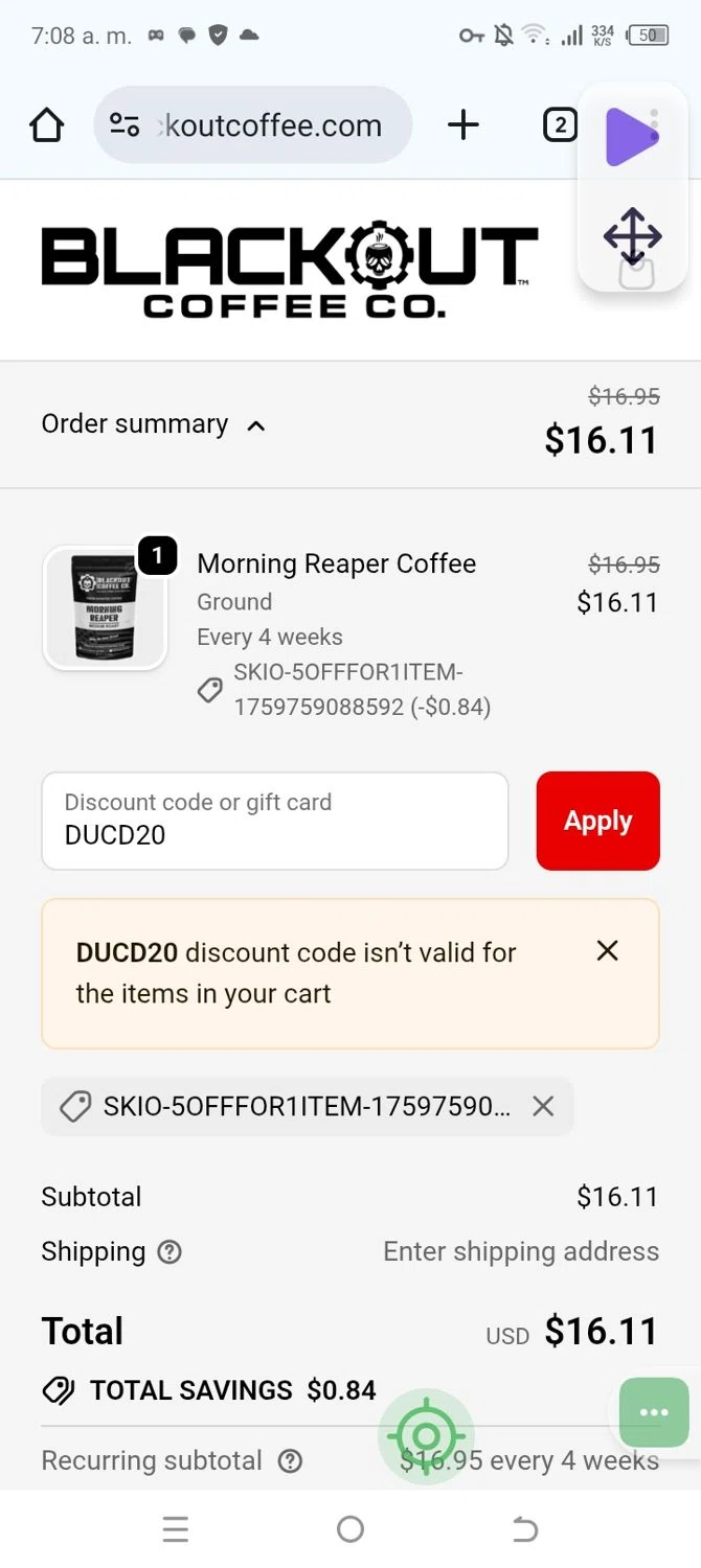 Blackout Coffee Co. promo code screenshot showing code DUCD20 applied at Blackout Coffee Co. checkout page. Uploaded by SimplyCodes community member GoldSeeker7901 on Oct 18, 2025