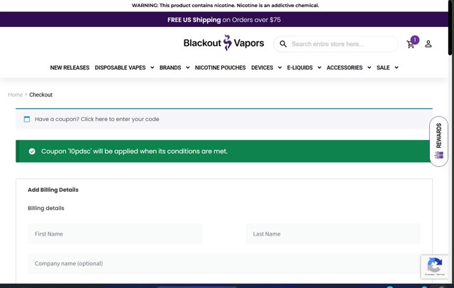 Blackout Vapors checkout page showing Blackout Vapors coupon code box | Screenshot taken by SimplyCodes community member on Aug 8, 2025