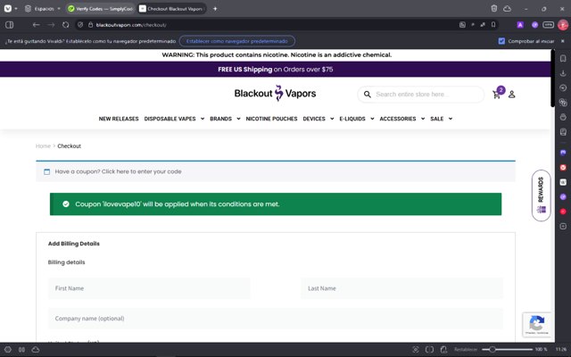 Blackout Vapors checkout page showing Blackout Vapors coupon code box | Screenshot taken by SimplyCodes community member on Jul 23, 2025