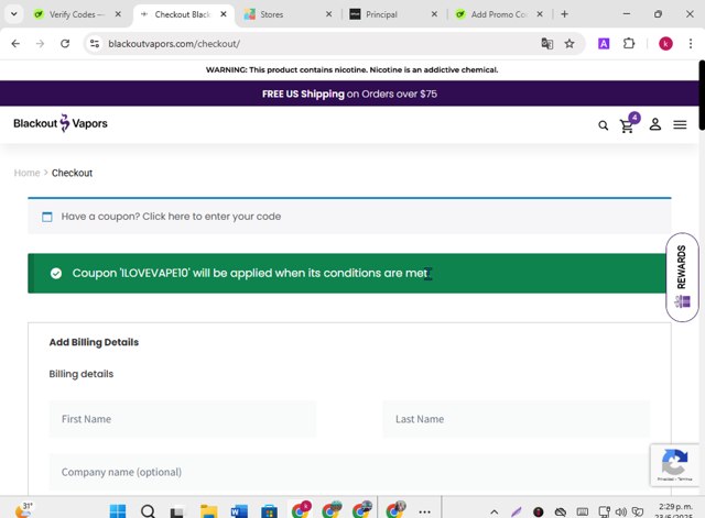 Blackout Vapors checkout page showing Blackout Vapors coupon code box | Screenshot taken by SimplyCodes community member on Jun 23, 2025