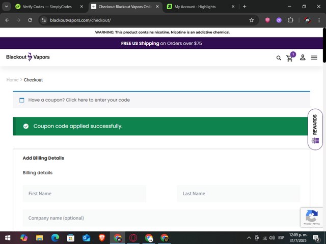 Blackout Vapors checkout page showing Blackout Vapors coupon code box | Screenshot taken by SimplyCodes community member on Jul 31, 2025