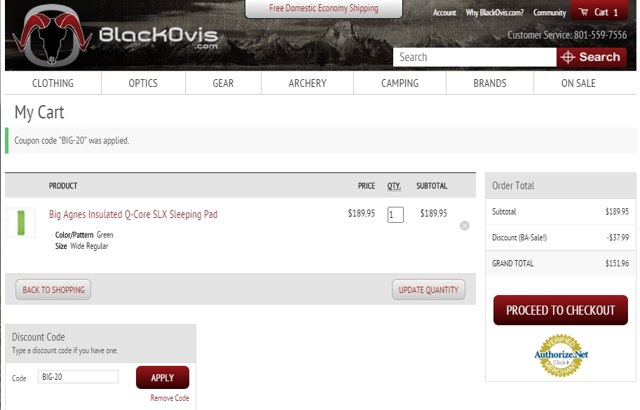 BlackOvis.com checkout page showing BlackOvis.com discount code box | Screenshot taken by SimplyCodes community member on Jun 18, 2020