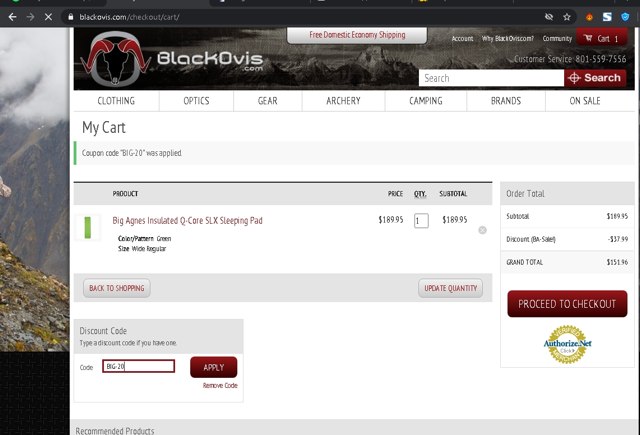 BlackOvis.com checkout page showing BlackOvis.com discount code box | Screenshot taken by SimplyCodes community member on Jun 18, 2020
