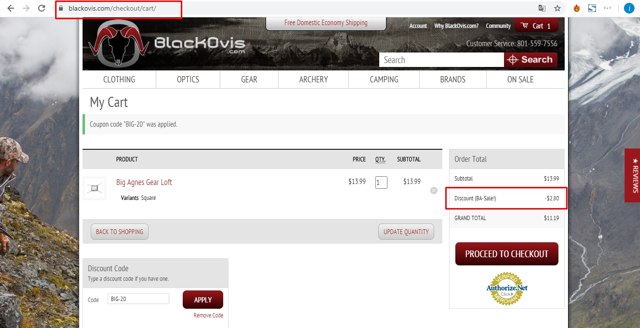 BlackOvis.com checkout page showing BlackOvis.com discount code box | Screenshot taken by SimplyCodes community member on Jun 18, 2020