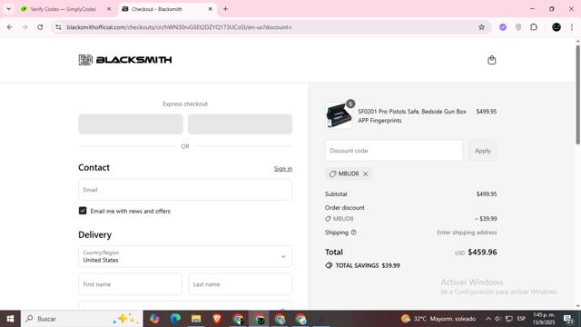 Blacksmith checkout page showing Blacksmith discount code box | Screenshot taken by SimplyCodes community member on Sep 15, 2025