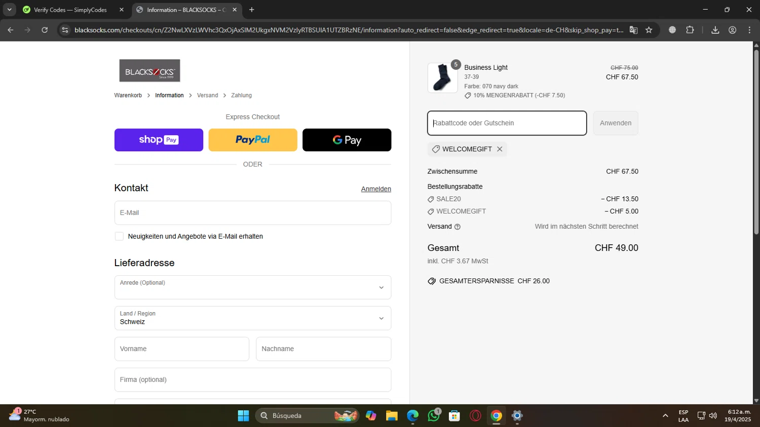 Blacksocks promo code screenshot showing code WELCOMEGIFT applied at Blacksocks checkout page. Uploaded by SimplyCodes community member GoldSaver5472 on Apr 19, 2025