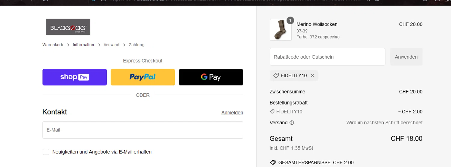 Blacksocks promo code screenshot showing code FIDELITY10 applied at Blacksocks checkout page. Uploaded by SimplyCodes community member DRINKI on Jan 4, 2025