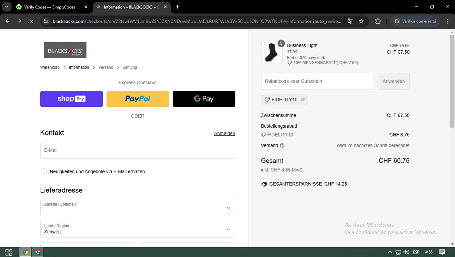 Blacksocks promo code screenshot showing code FIDELITY10 applied at Blacksocks checkout page. Uploaded by SimplyCodes community member osquitarivas on Feb 1, 2025