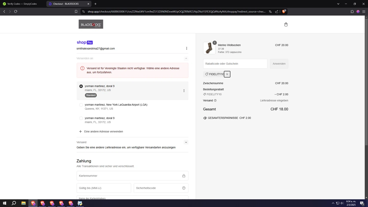 Blacksocks promo code screenshot showing code FIDELITY10 applied at Blacksocks checkout page. Uploaded by SimplyCodes community member PHYSICALTHERAPY on Mar 2, 2025
