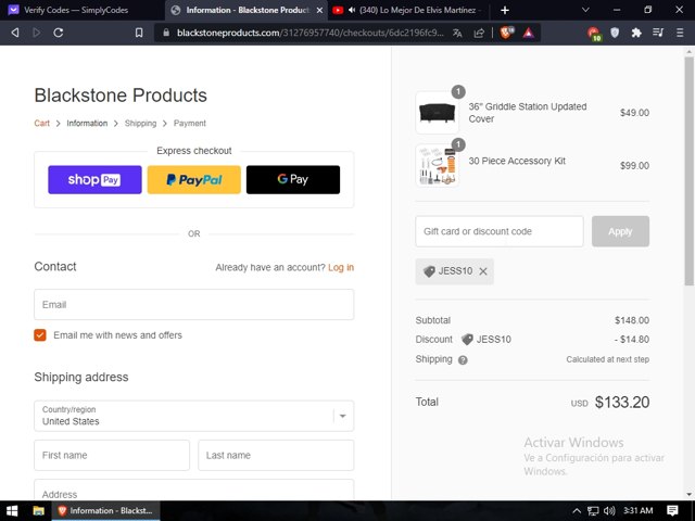 Blackstone Products checkout page showing Blackstone Products promo code box | Screenshot taken by SimplyCodes community member on Jul 19, 2023