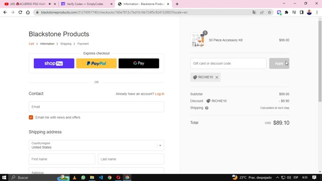 Blackstone Products checkout page showing Blackstone Products promo code box | Screenshot taken by SimplyCodes community member on Jul 17, 2023